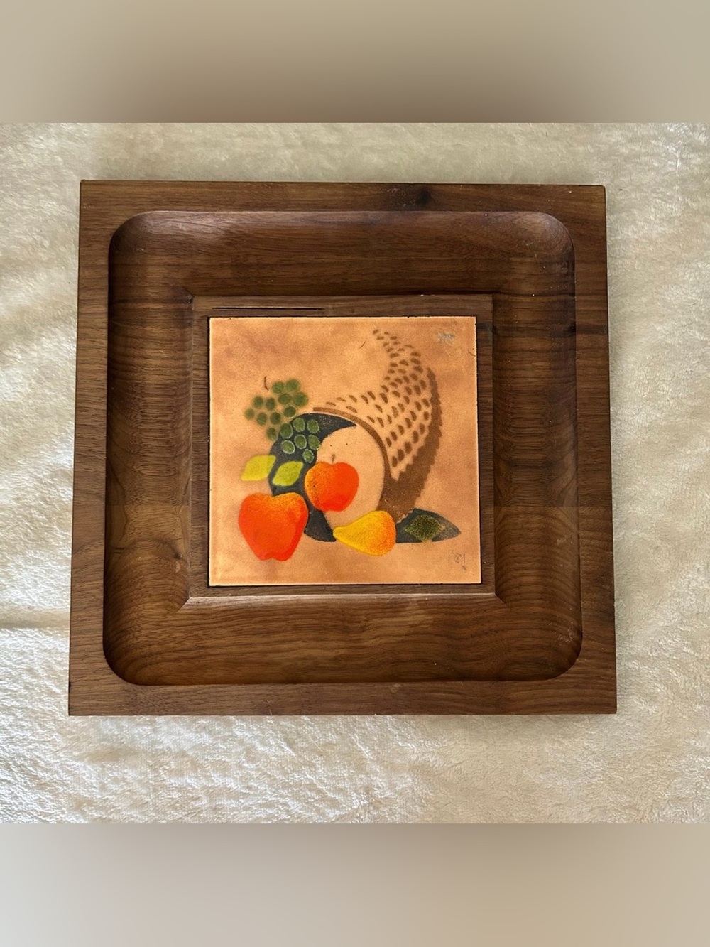 Vintage Charcuterie Walnut Enamel Mid Century Modern Cheese Tray MCM